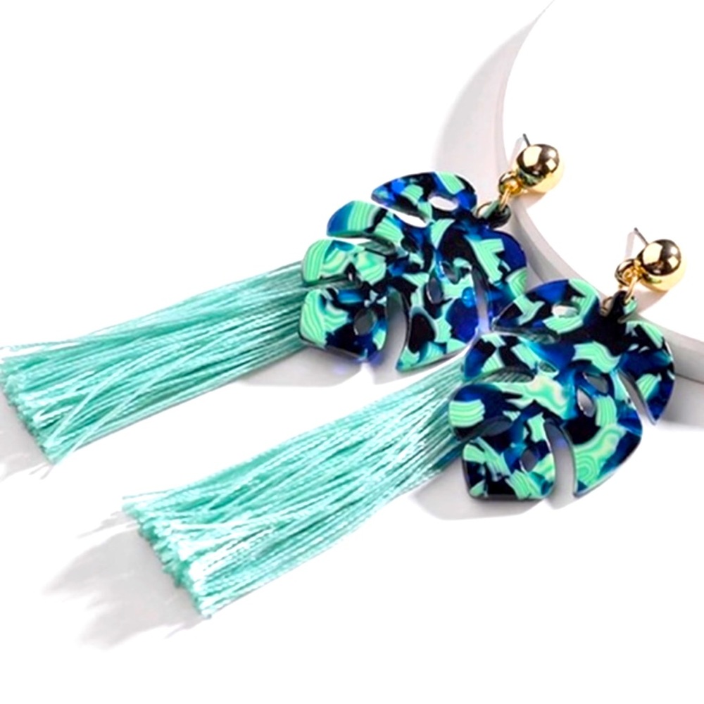 Tropical Palm Leaf Tassel Earrings